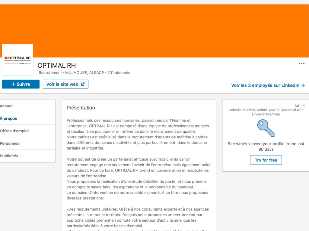 Page entreprise de Optimal RH sur LinkedIn