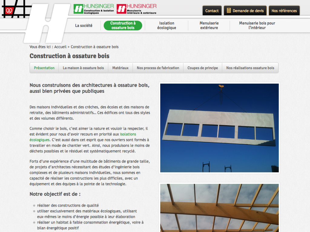 Page "construction à ossature bois" du site internet de l'entreprise Hunsinger