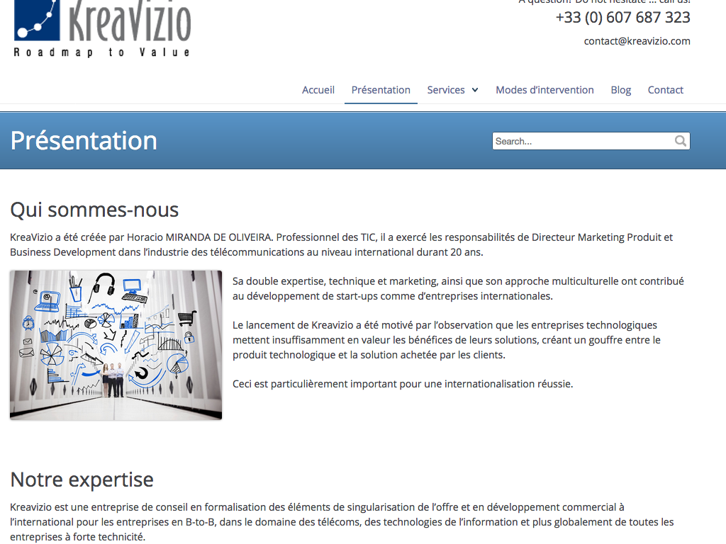 Page présentation du site internet KreaVizio réalisée par Midway Communication
