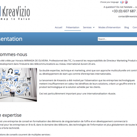 Page présentation du site internet KreaVizio réalisée par Midway Communication