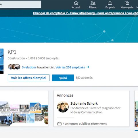 Page Entreprise sur le réseau social LinkedIn pour l'entreprise KP1
