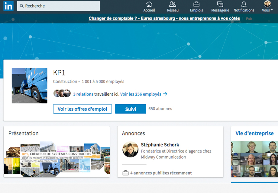 Page Entreprise sur le réseau social LinkedIn pour l'entreprise KP1