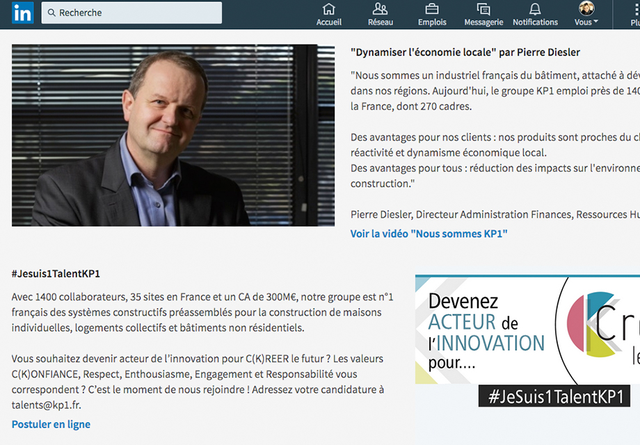 Page Entreprise sur le réseau social LinkedIn pour l'entreprise KP1