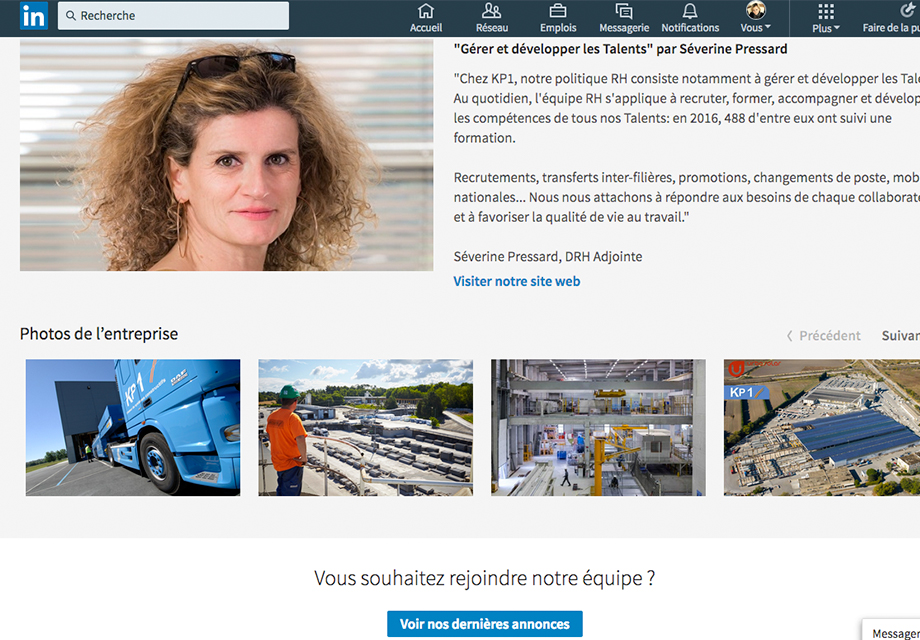 Page Entreprise sur le réseau social LinkedIn pour l'entreprise KP1