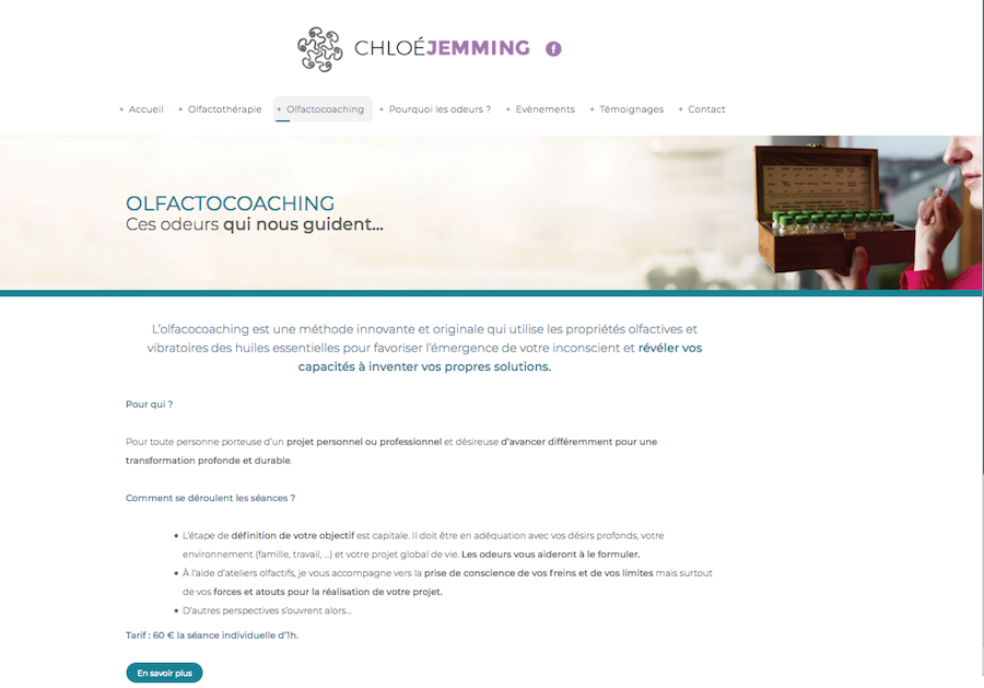 La page présentant l'olfactocoaching du site internet créé par l'agence Midway Communication pour Chloé Jemming à Strasbourg