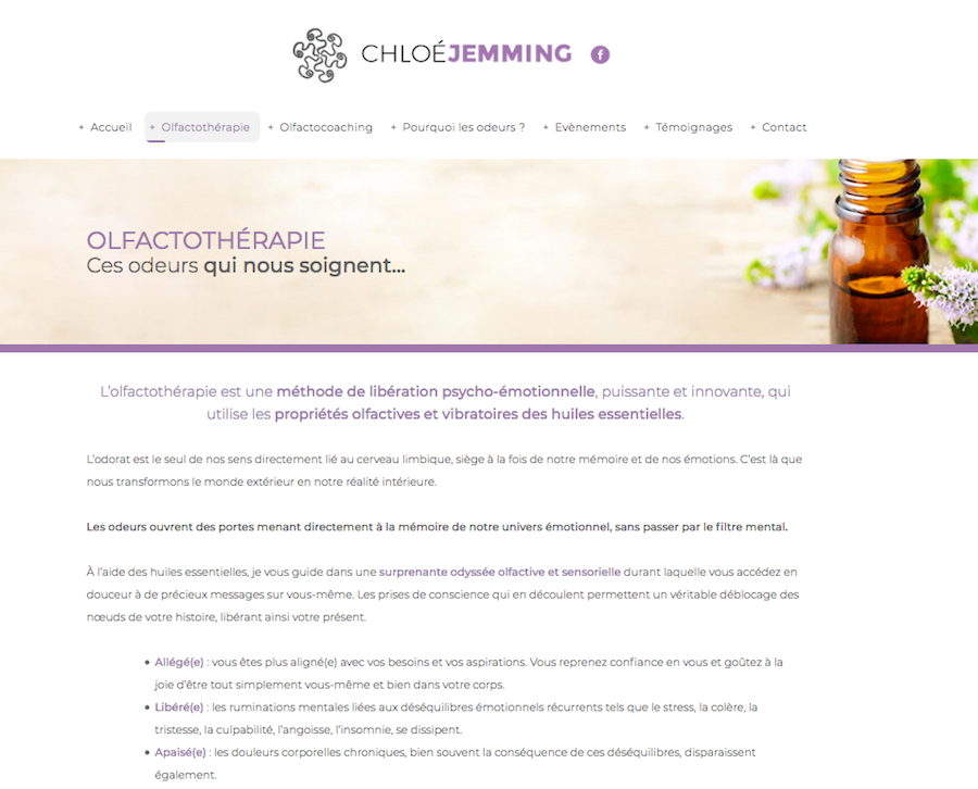 La page présentant l'ofactothérapie du site internet créé par l'agence Midway Communication pour Chloé Jemming à Strasbourg