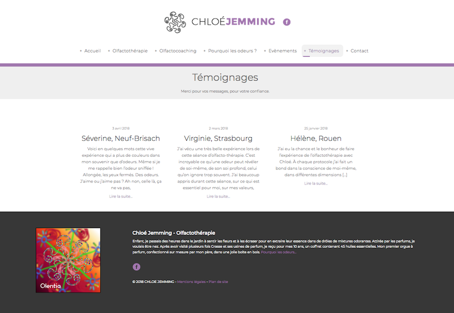 La page des témoignages du site internet créé par l'agence Midway Communication pour Chloé Jemming à Strasbourg