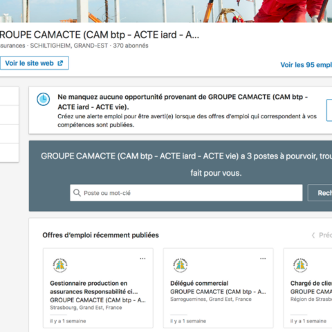 Capture d'écran des offres d'emploi sur la page Entreprise LinkedIn de Camacte