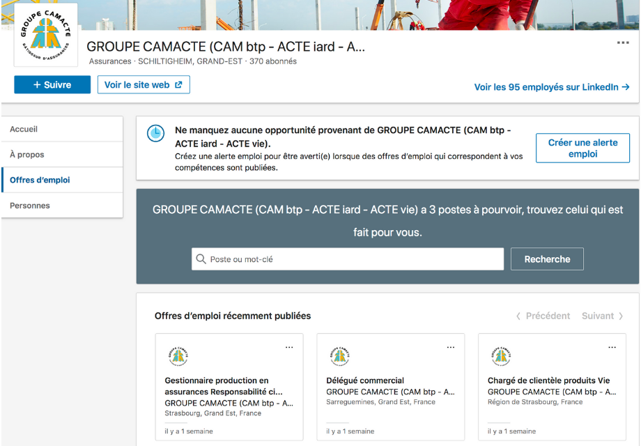 Capture d'écran des offres d'emploi sur la page Entreprise LinkedIn de Camacte