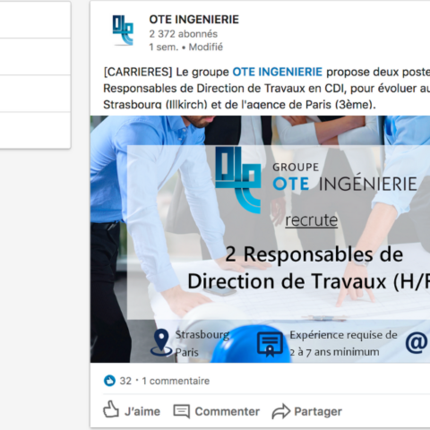 Capture d'écran d'une publication sur la page LinkedIn de OTE Ingenierie