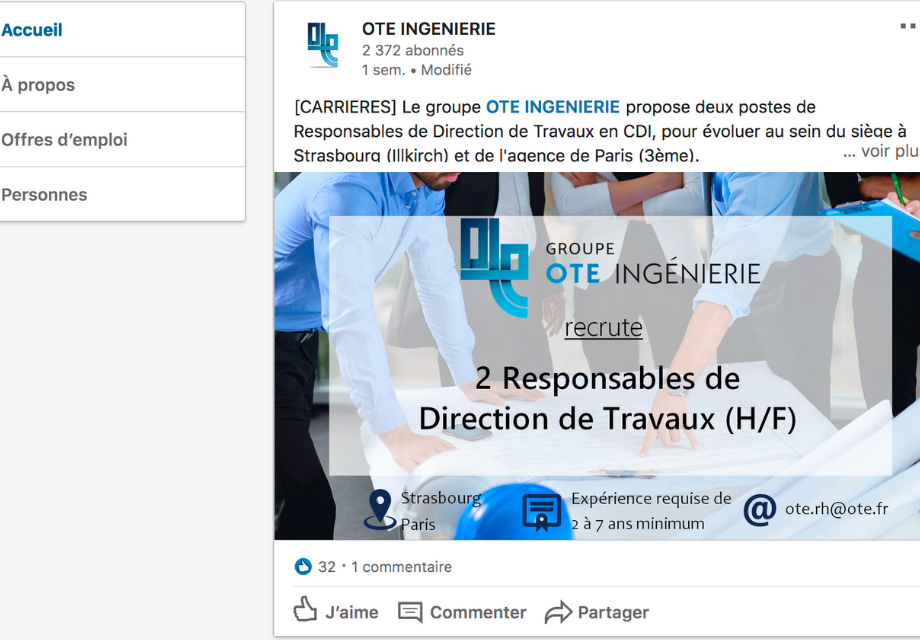 Capture d'écran d'une publication sur la page LinkedIn de OTE Ingenierie