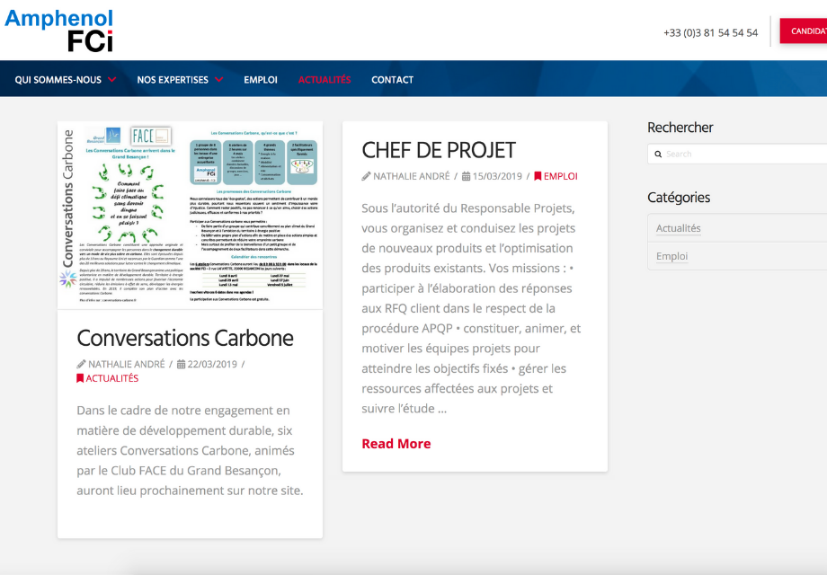 Exemple de présentation des offres d'emploi sur le site internet Amphenol FCi Besançon