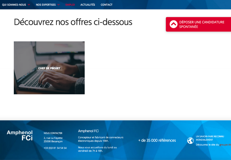 Capture d'écran de la page Offres d'emploi du site web Amphenol FCi Beançon