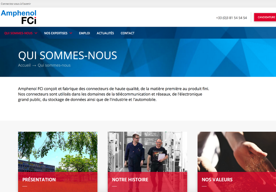 Capture d'écran de la page Qui sommes-nous du site internet d'Amphenol FCi Besançon