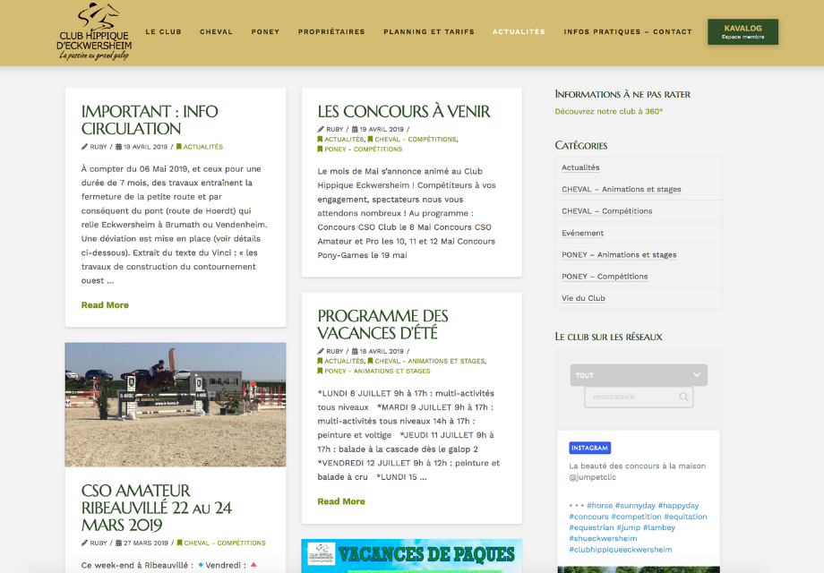 Capture d'écran de la page Actualité du site internet Club Hippique d'Eckwersheim
