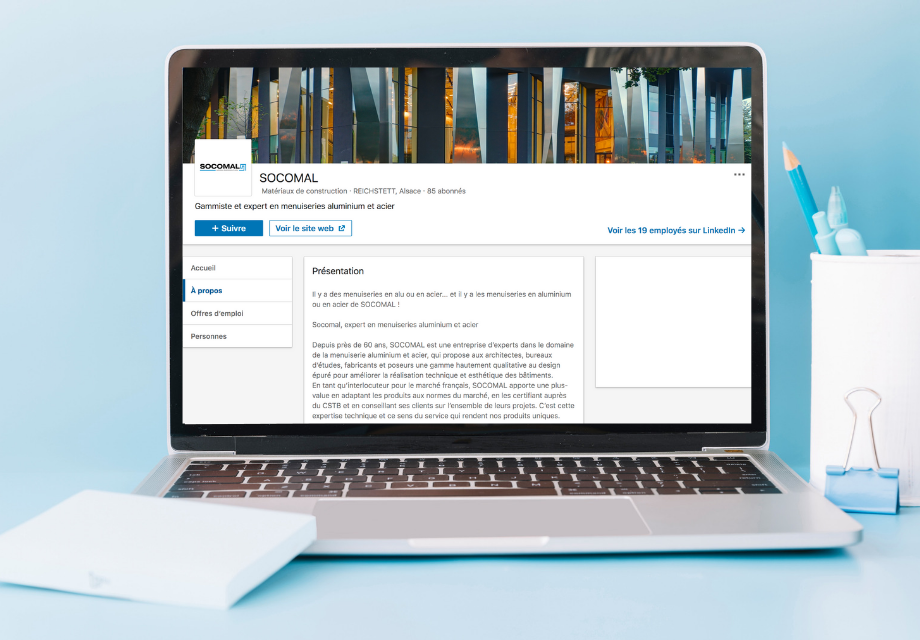 Mockup de la page entreprise de Socomal sur LinkedIn