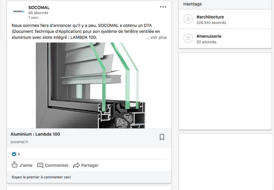 Exemple d'une publication sur la page Entreprise de Socomal