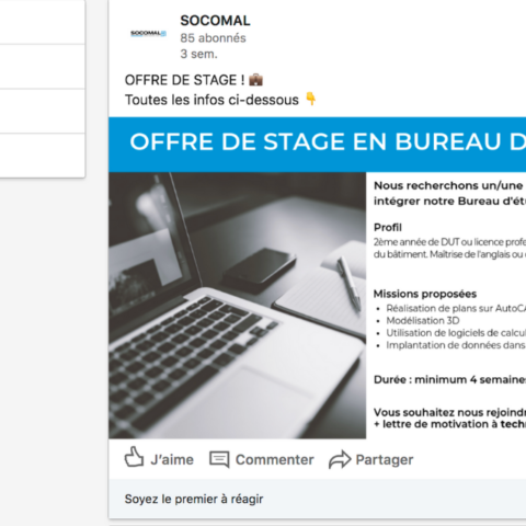 Exemple d'une offre d'emploi (stage) sur la page Entreprise LinkedIn de Socomal