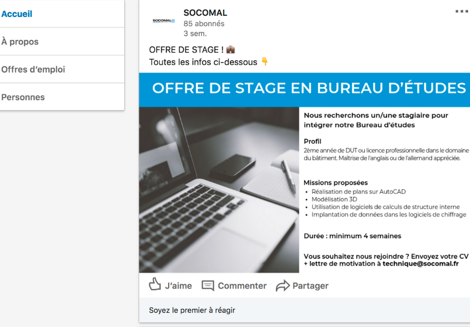 Exemple d'une offre d'emploi (stage) sur la page Entreprise LinkedIn de Socomal