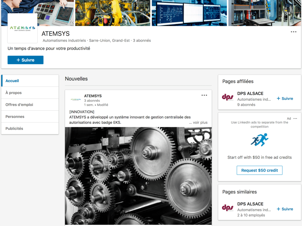 Capture d'écran de la page Entreprise LinkedIn de Atemsys