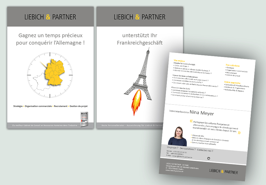 Réalisation de plaquettes commerciales en français et en allemand pour notre client Liebich & Partner